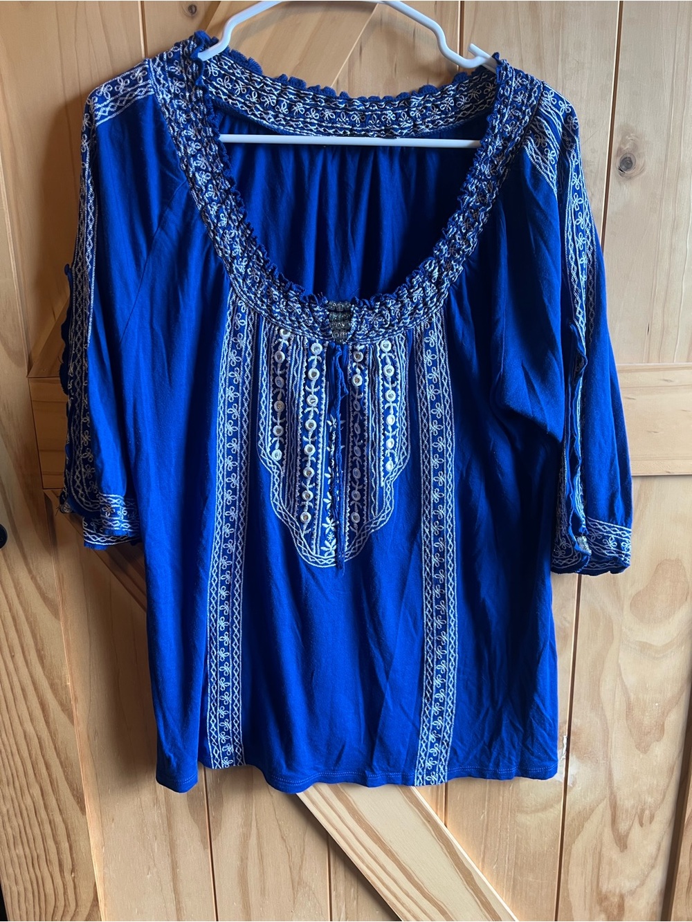 FYLO Royal Blue Embroidered Boho Peasant Top Open Sleeves Keyhole Hippie Summer
